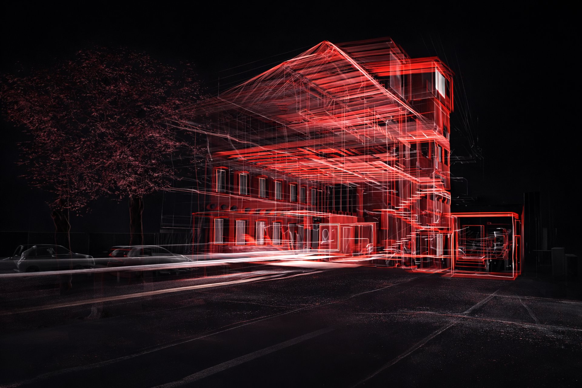Ēkas 3D lāzerskenēšanas ilustrācija